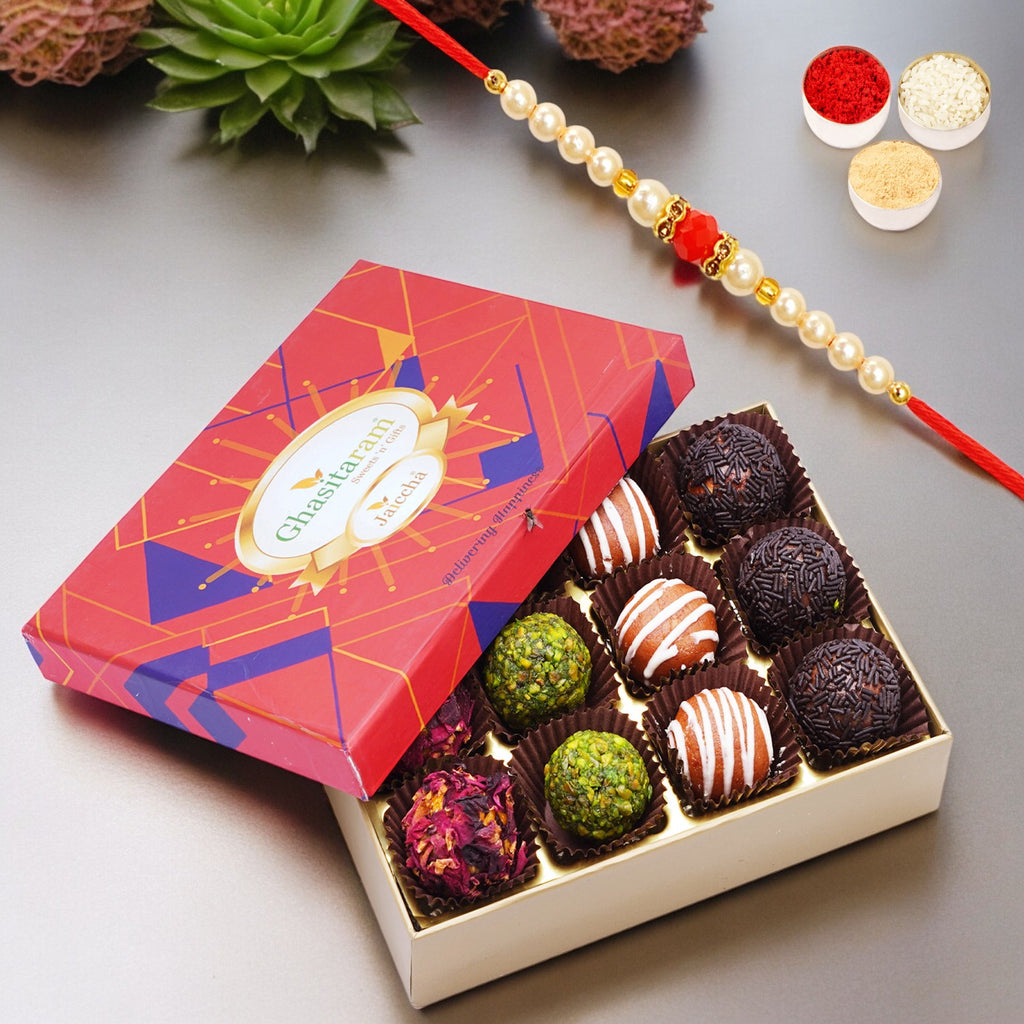 Assorted Fancy Dryfruit Laddoos 12 pcs in Premium Box with Pearl Beads Rakhi