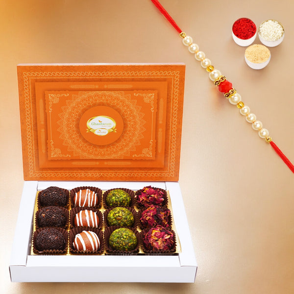 Assorted Fancy Dryfruit Laddoos 12 pcs with Pearl Beads Rakhi