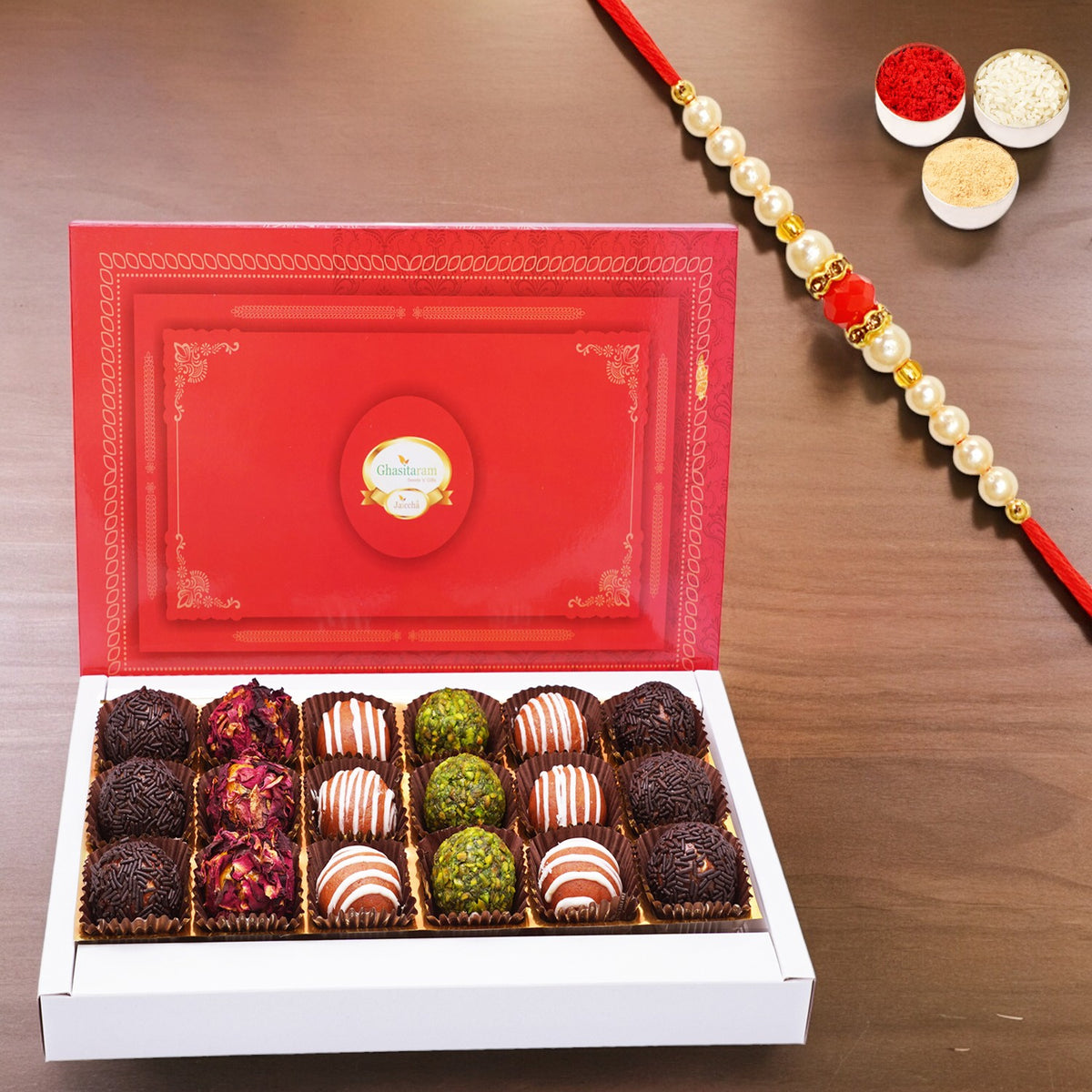 Assorted Fancy Dryfruit Laddoos 18 pcs with Pearl Beads Rakhi
