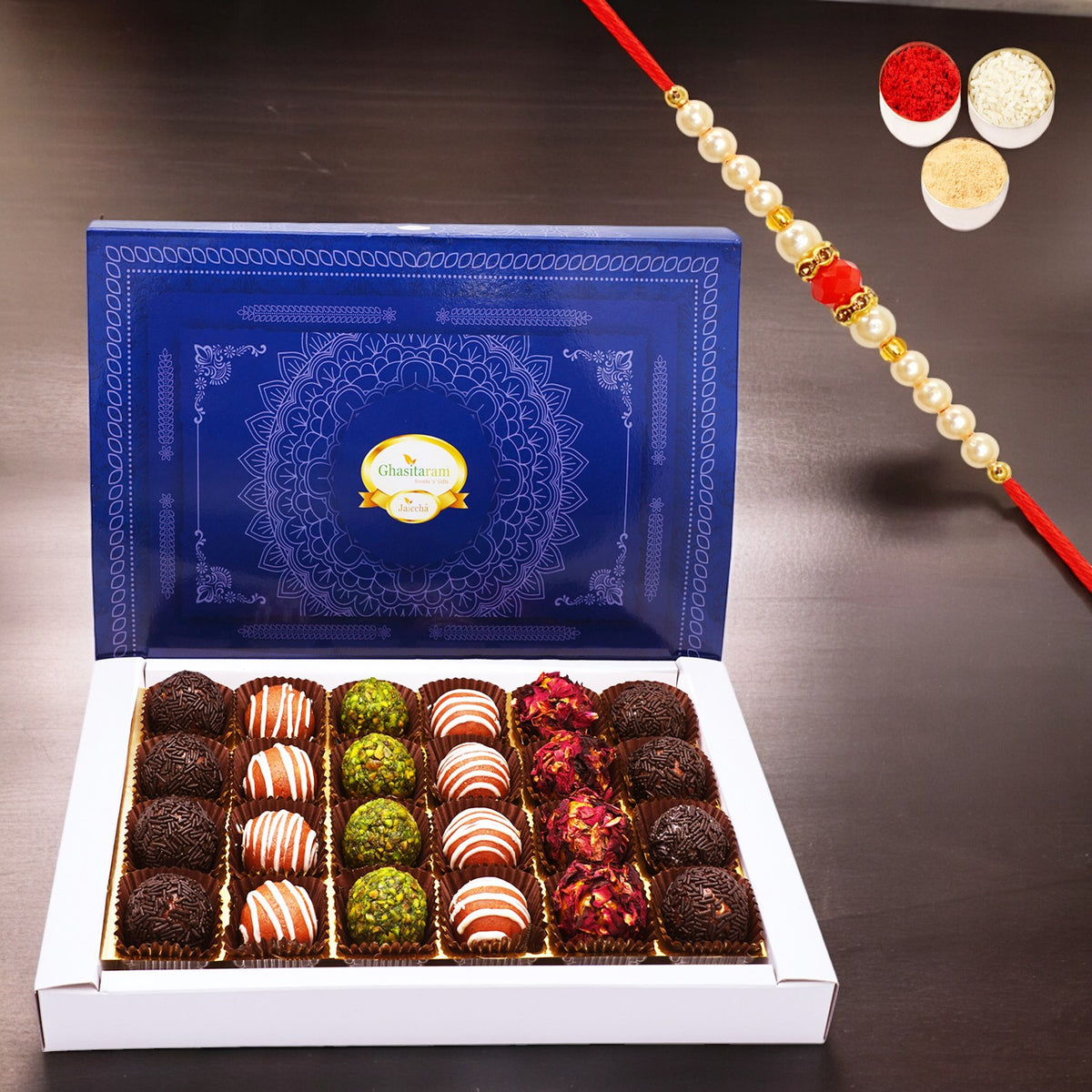 Assorted Fancy Dryfruit Laddoos 24 pcs with Pearl Beads Rakhi