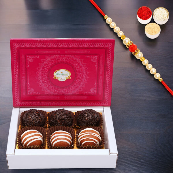 Assorted Fancy Dryfruit Laddoos 6 pcs with Pearl Beads Rakhi