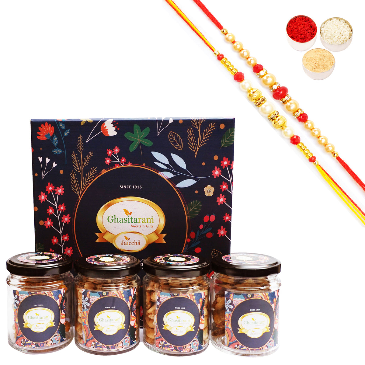 Rakhi Gifts-Hamper Box with Nuts and Namkeen Jars with 2 Rakhis