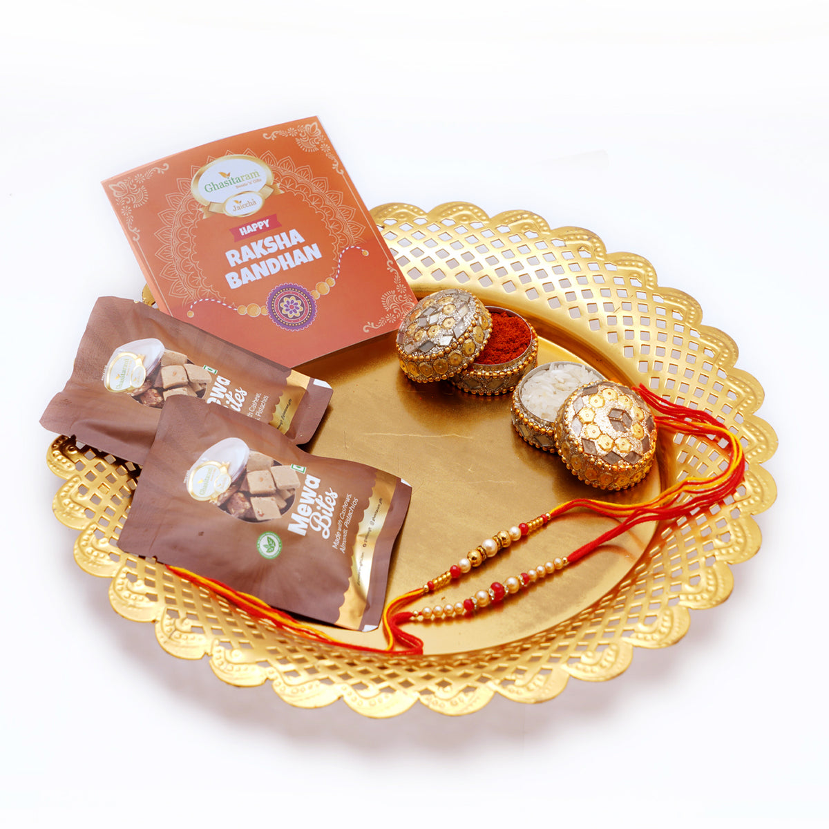 Golden Thali with Mewa Bites pouches, 2 Rakhis and a Card