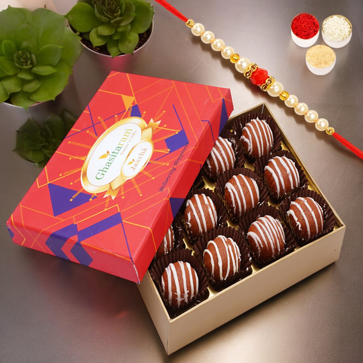 Mathura Laddoo 12 pcs in Premium Box with Pearl Beads Rakhi