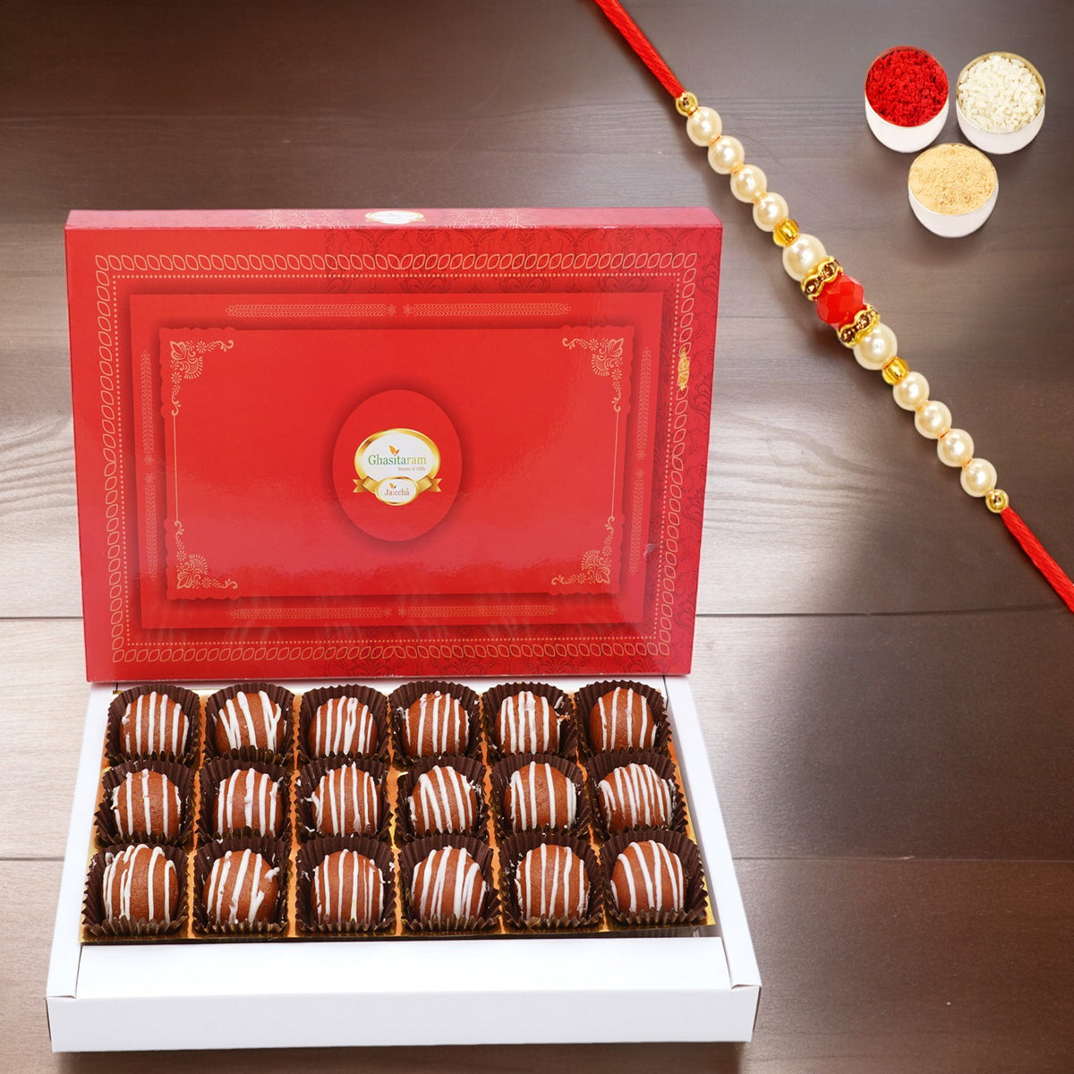 Mathura Laddoo 18 pcs with Pearl Beads Rakhi 