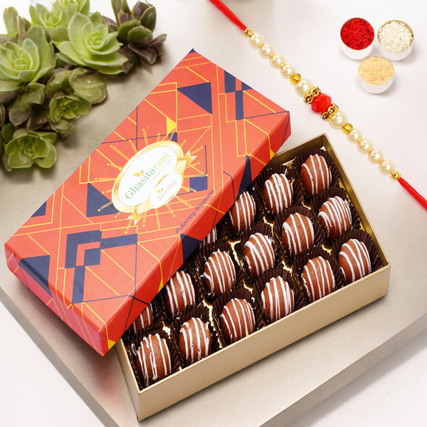 Mathura Laddoo 18 pcs in Designer Box with Pearl Beads Rakhi