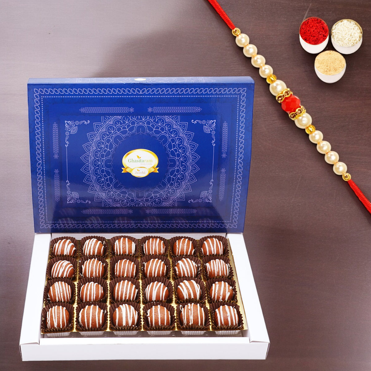 Mathura Laddoo 24 pcs with Pearl Beads Rakhi 