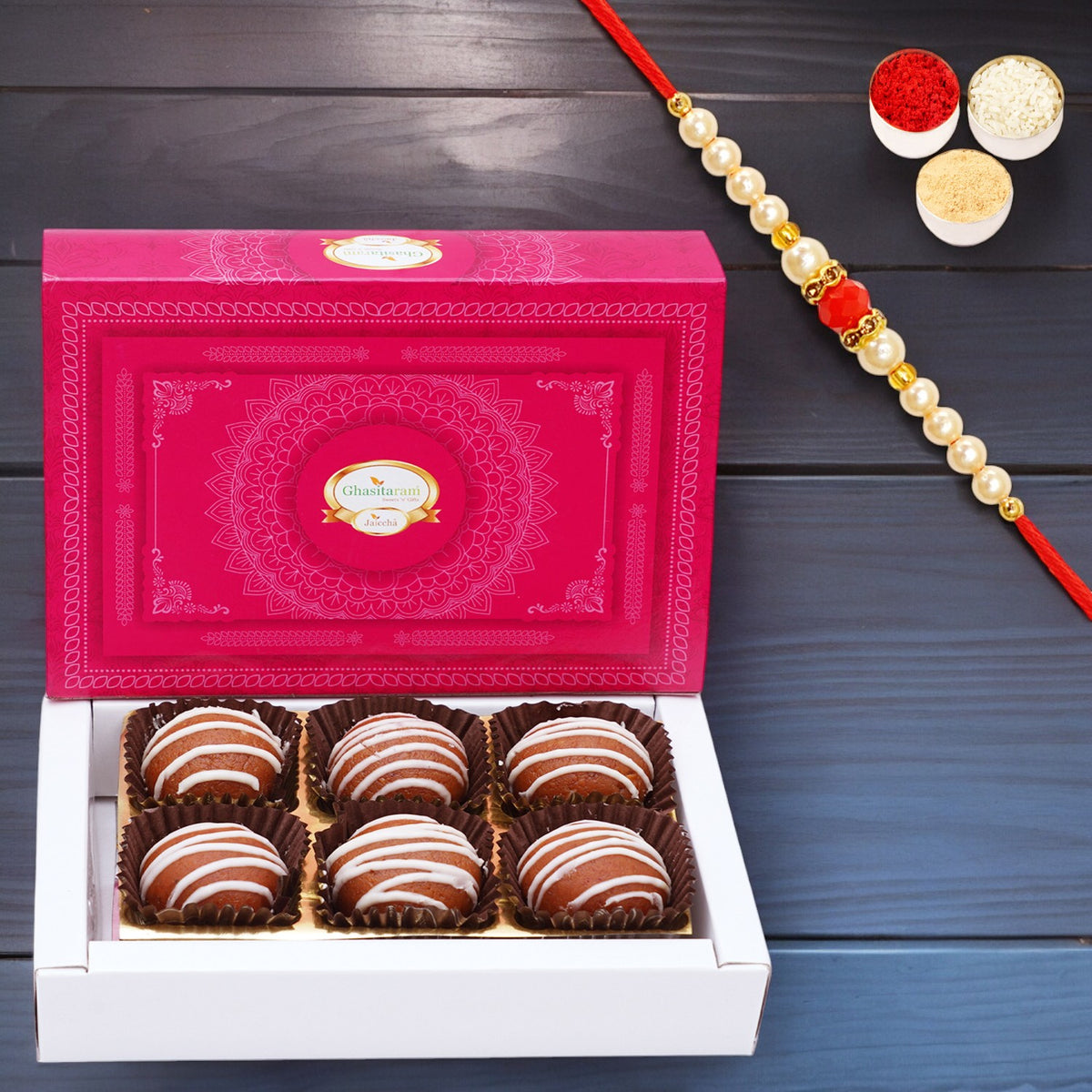 Mathura Laddoo 6 pcs with Pearl Beads Rakhi