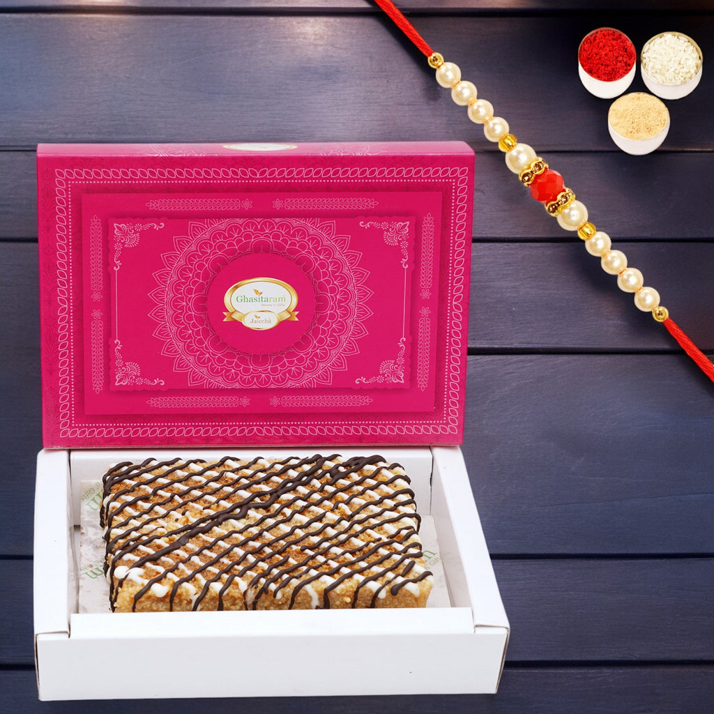 Delicious Milk Cake with Chocolate with Pearl Beads Rakhi