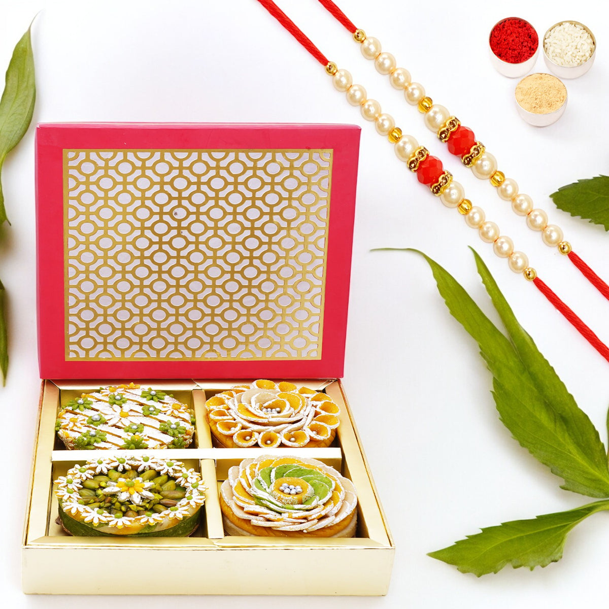 Mini Mithai Cakes in Carving Box with 2 Pearl Beads Rakhi
