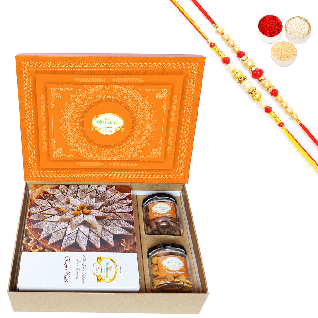 Rakhi Gifts-Orange Hamper Box with Kaju Katli , Choco Almonds, and Crunchy Cashews with 2 Rakhis