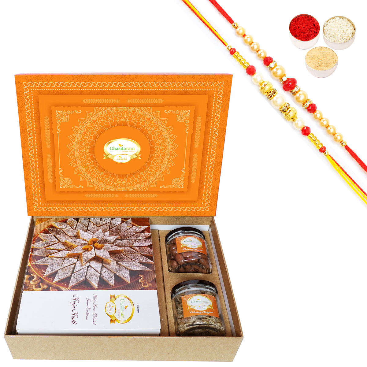 Rakhi Gifts-Orange Hamper Box with Kaju Katli , Choco Almonds, and Paan Raisins with 2 Rakhis
