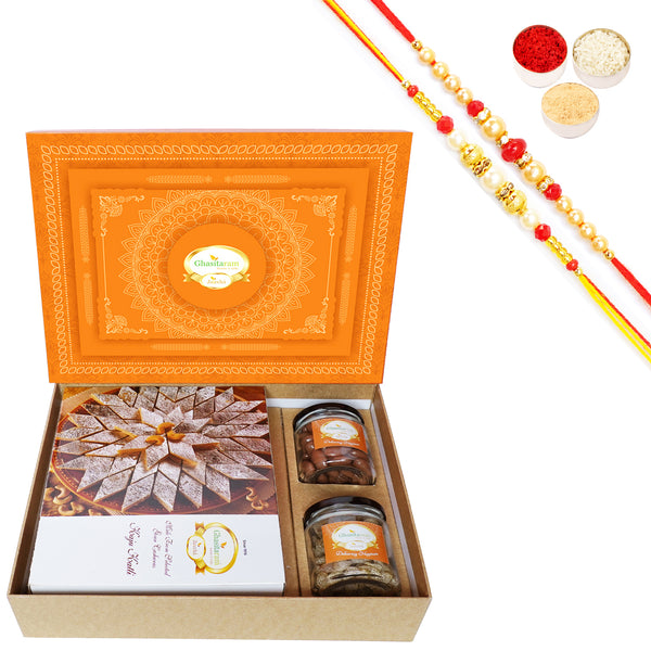 Rakhi Gifts-Orange Hamper Box with Kaju Katli , Choco Almonds, and Paan Raisins with 2 Rakhis