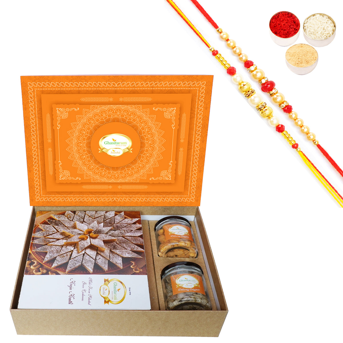 Rakhi Gifts-Orange Hamper Box with Kaju Katli, Paan Raisins and Crunchy Cashews with 2 Rakhis