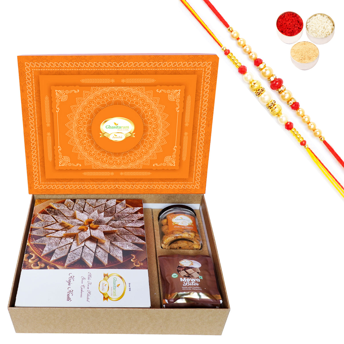 Rakhi Gifts-Orange Hamper Box with Kaju Katli, Mewa Bites and Crunchy Cashews with 2 Rakhis