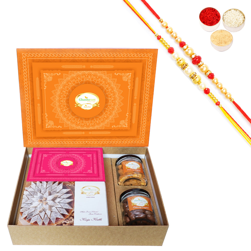 Rakhi Gifts-Orange Hamper Box with Kaju Katli, Milk Cake, Choco Coated Almonds and Crunchy Cashews with 2 Rakhis