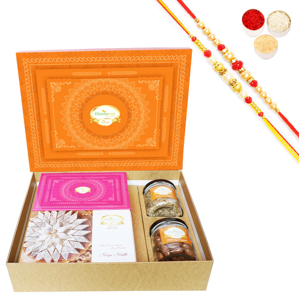 Rakhi Gifts-Orange Hamper Box with Kaju Katli, Milk Cake, Choco Coated Almonds and Paan Raisins with 2 Rakhis