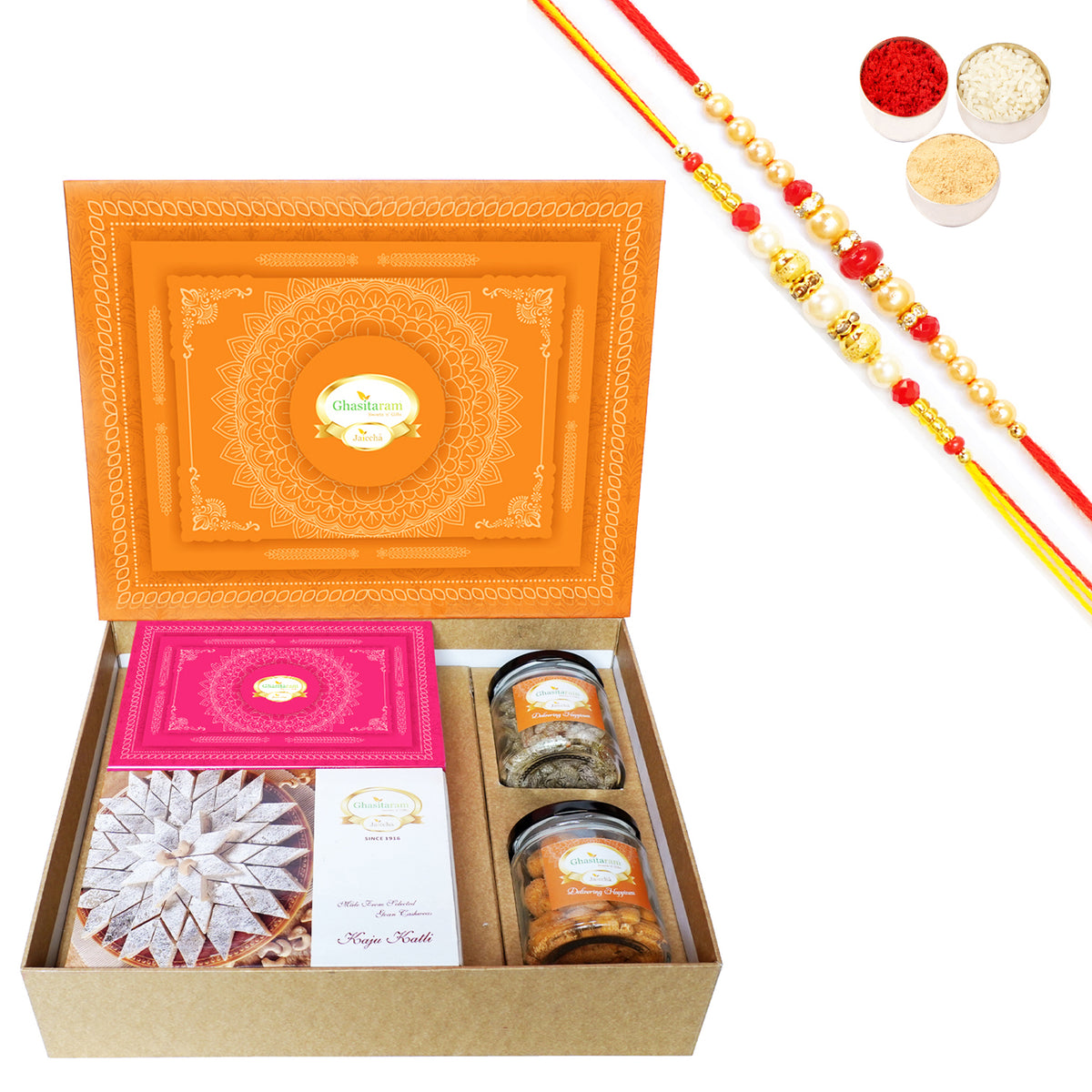 Rakhi Gifts-Orange Hamper Box with Kaju Katli, Milk Cake, Paan Raisins and Crunchy Cashews with 2 Rakhis