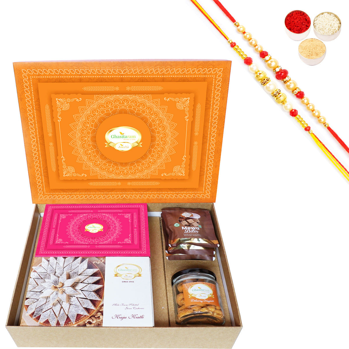 Rakhi Gifts-Orange Hamper Box with Kaju Katli, Milk Cake,Mewa Bites and Crunchy Cashews with 2 Rakhis