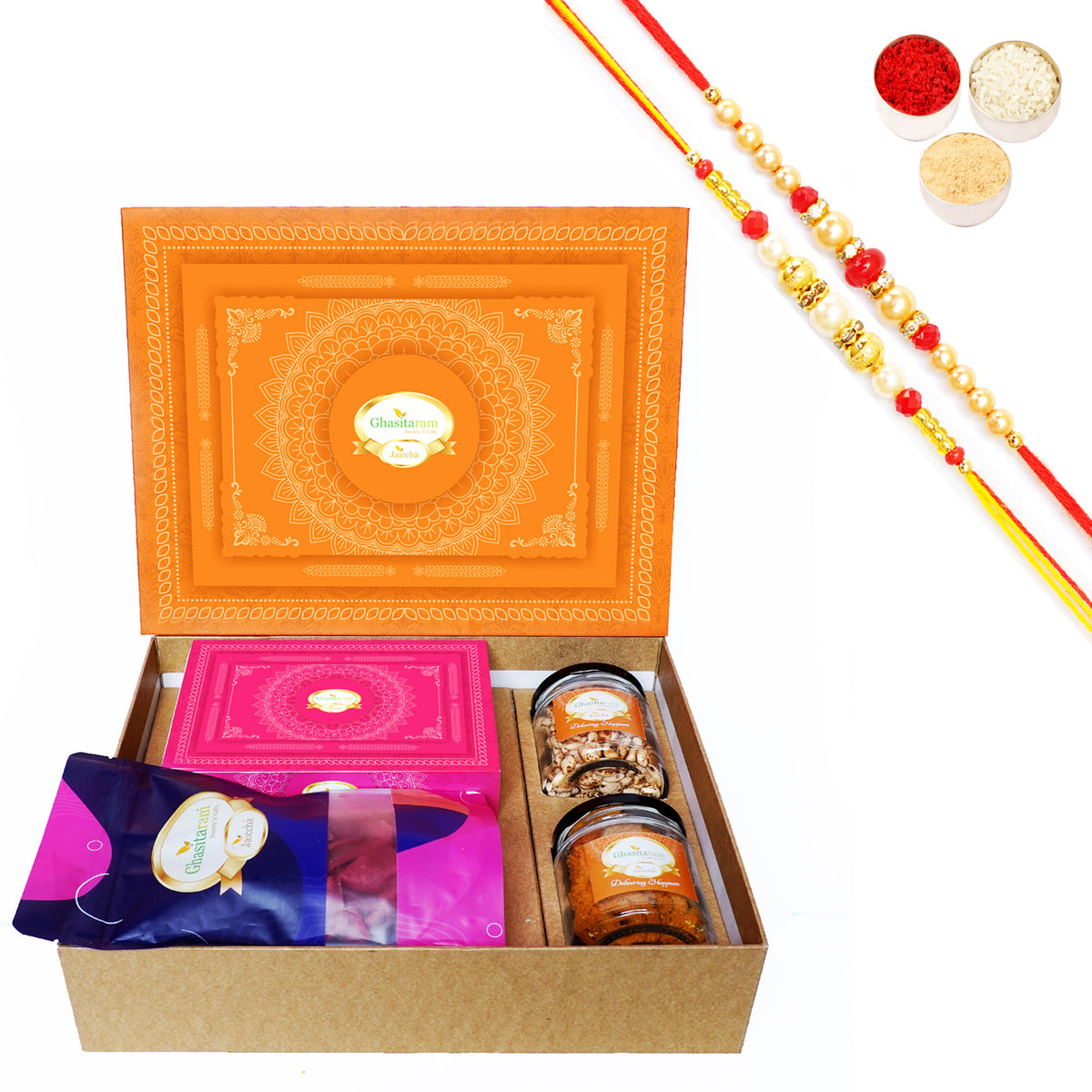 Rakhi Gifts- Hamper Box with Sugarfree Kaju Katli, Beetroot Chips, Wheat Puffs and Moong Chakli with 2 Rakhis