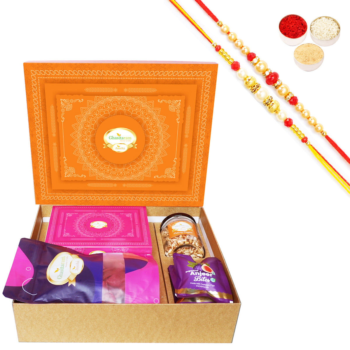 Rakhi Gifts-Orange Hamper Box with Sugarfree Kaju Katli, Beetroot Chips, Wheat Puffs and Sugafree Bites with 2 Rakhis