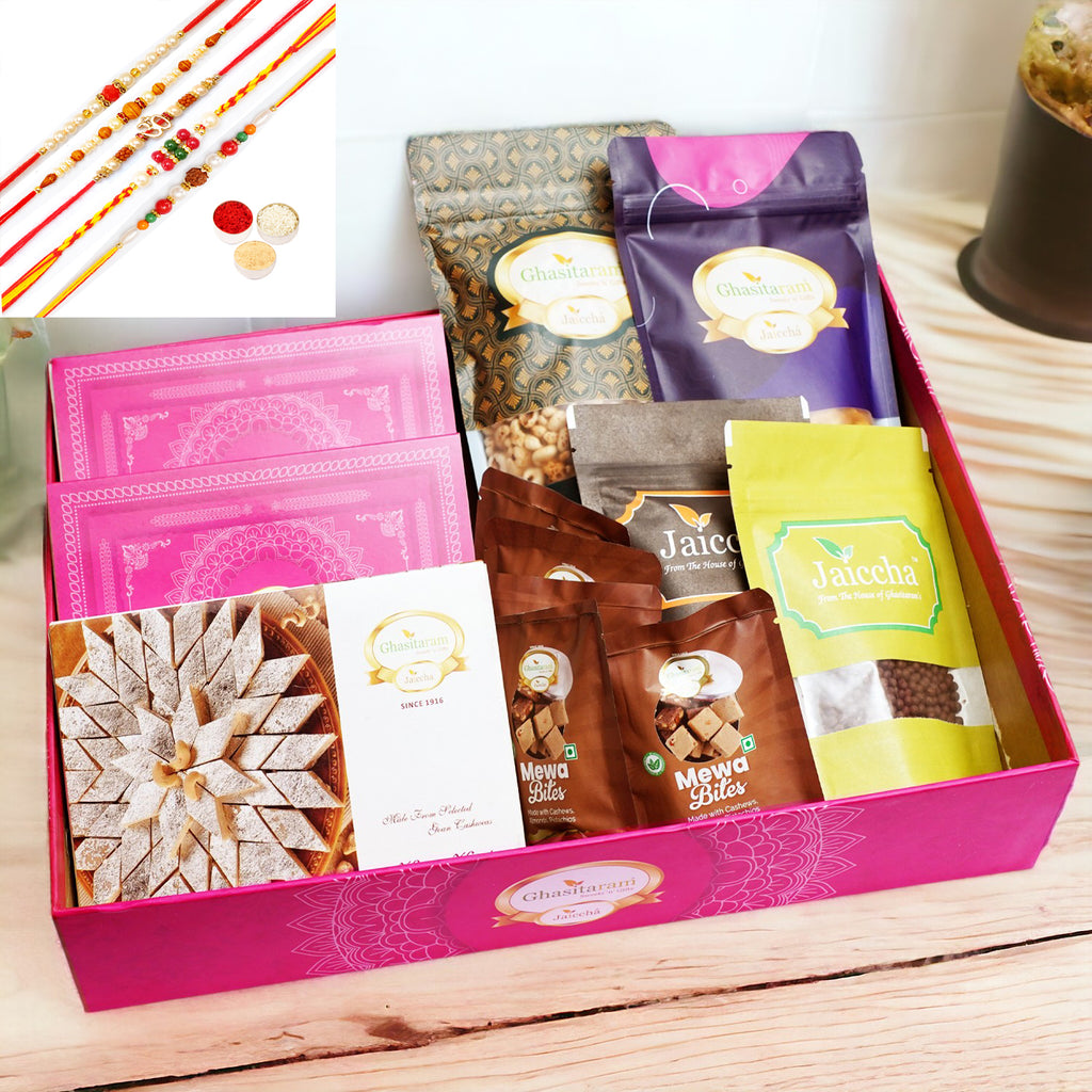 Rakhi Gifts-Big Hamper Basket of 12 Best Goodies with 5 rakhis