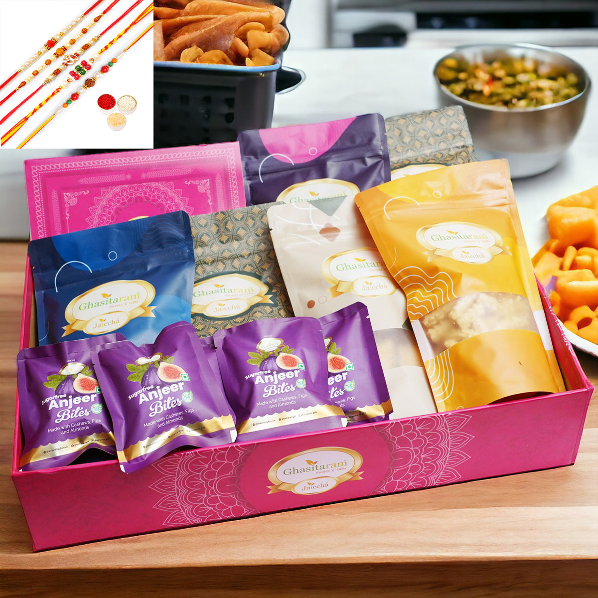 Rakhi Gifts-Big Hamper Basket of 12 Healthy Goodies with Sugarfree Kaju Katlis with 5 rakhis