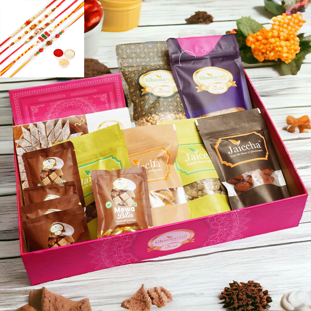 Rakhi Gifts-Big Hamper Basket of 13 Goodies with 5 rakhis