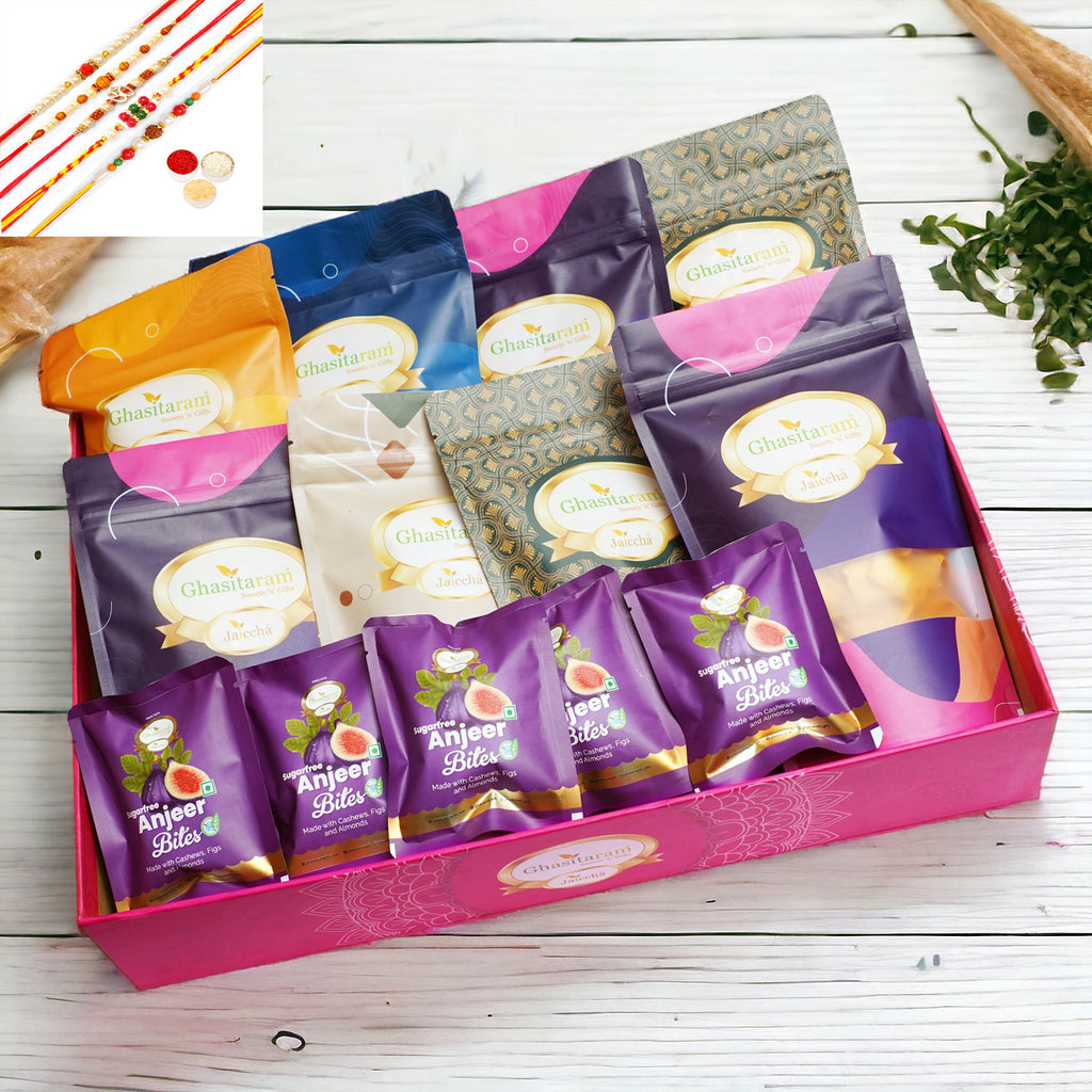 Rakhi Gifts-Big Hamper Basket of 8 Roasted Namkeens and Sugarfree Bites with 5 rakhis