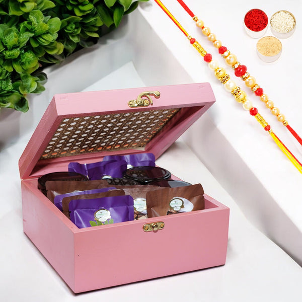Pink Cane Rattan Box of 16 Goodies with 2 Rakhis