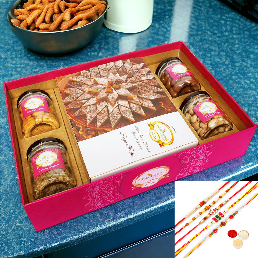 Rakhi Gifts-Big Hamper Tray of Kaju Katlis, Crunchy Cashew, Paan Raisins, Choco Almonds, and Pistachios with 5 rakhis