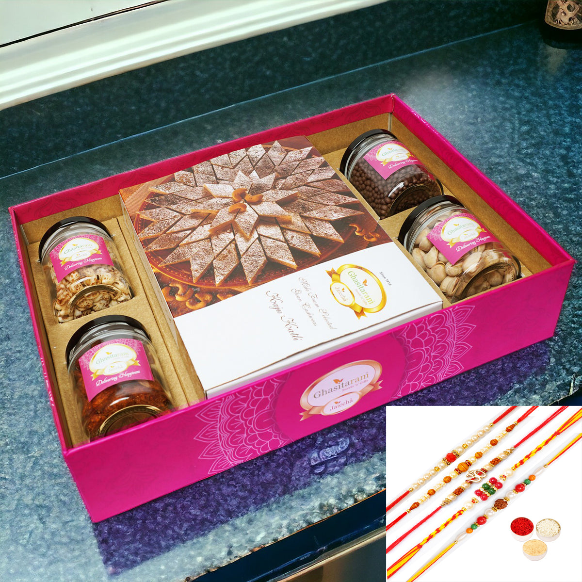 Rakhi Gifts-Big Hamper Tray of Kaju Katlis , Peri Almonds, Pistachios, Wheat Puffs and Choco Rice Crispies with 5 rakhis