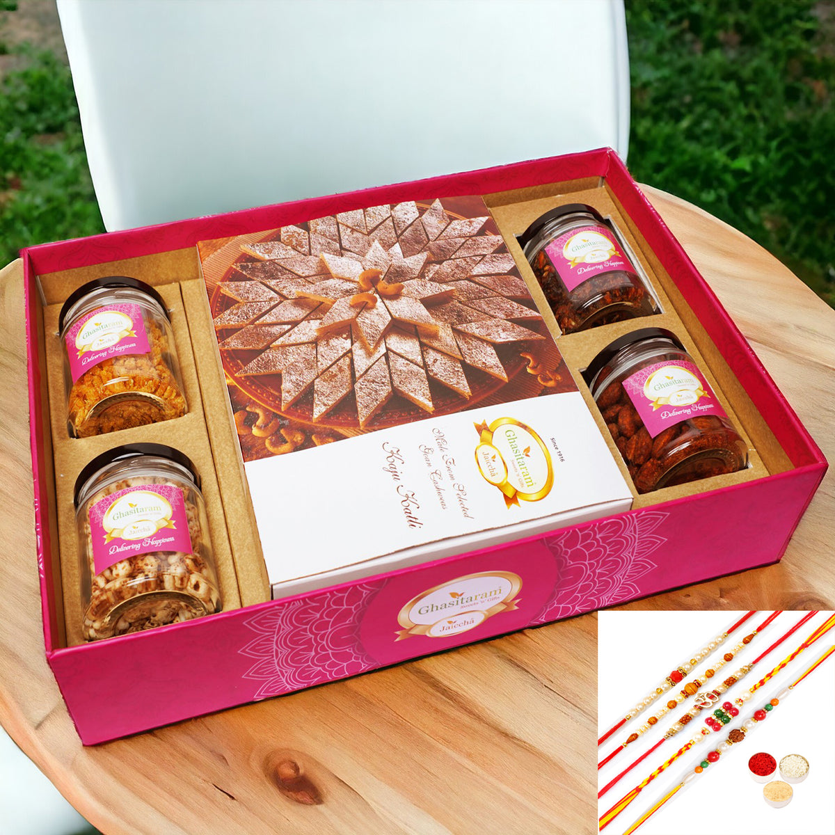 Rakhi Gifts-Big Hamper Tray of Kaju Katlis, Peri Almonds, Chiwda, Wheat puffs and Paan with 5 rakhis