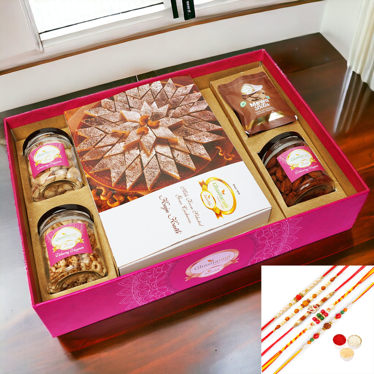 Rakhi Gifts-Big Hamper Tray of Kaju Katlis, Peri Almonds, Pistachios, Wheat puffs and Mewa Bites with 5 rakhis