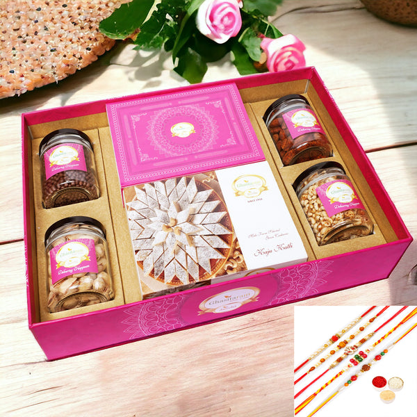 Rakhi Gifts-Big Hamper Tray of Kaju Katlis, Milk Cake, Peri Almonds, Pistachio, Wheat puffs and Choco Rice Crispies with 5 rakhis