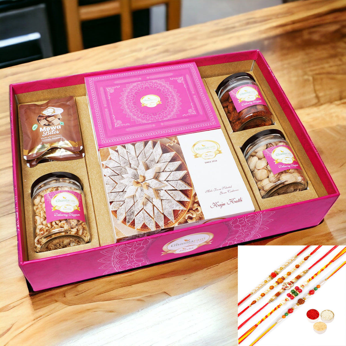 Rakhi Gifts-Big Hamper Tray of Kaju Katlis, Milk Cake, Peri Almonds, Pistachio, Wheat Puffs and Mewa Bites with 5 rakhis