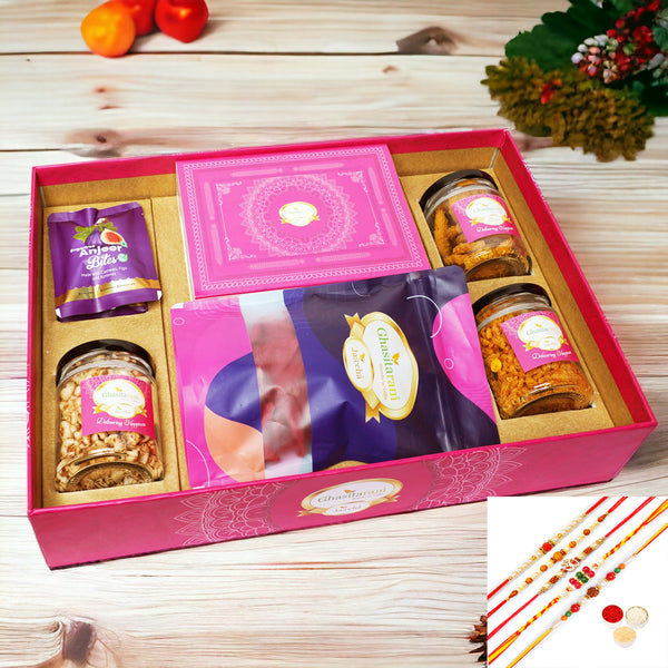 Rakhi Gifts-Big Hamper Tray of Suagrfree Kaju Katlis, Beetroot Chips, Sugarfree Bites, Wheat Puffs, Moong Chakli, Roasted Chiwda with 5 rakhis