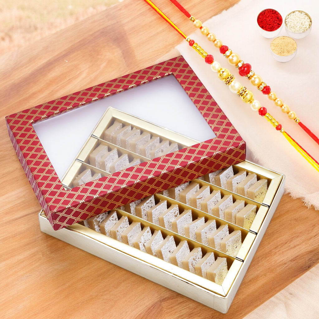 Red Box of Mini Kaju Katlis with 2 Rakhis