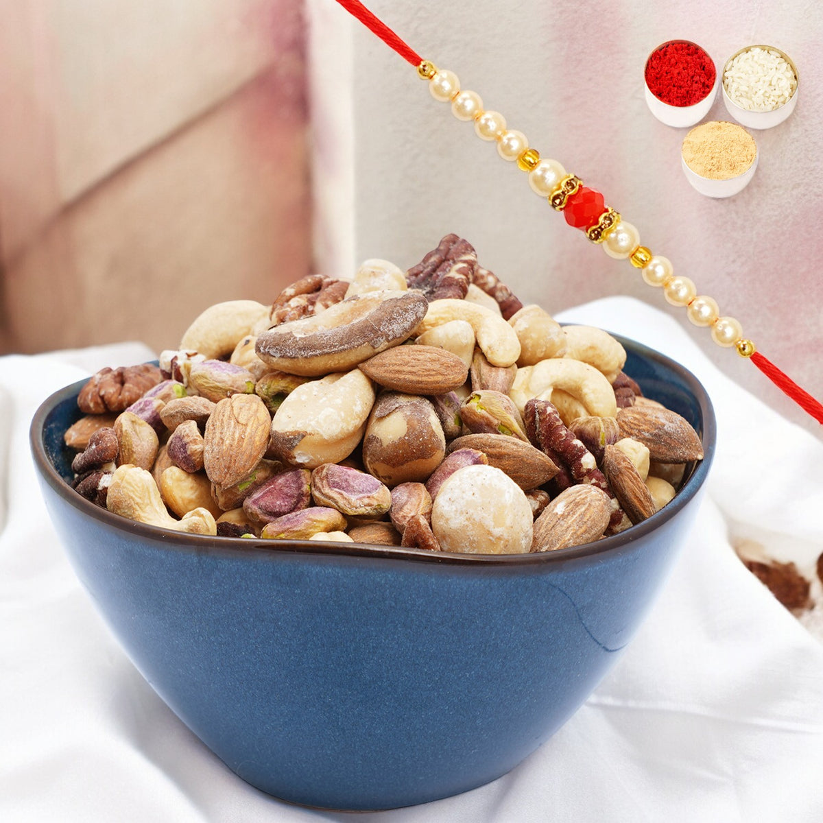 Salted Mix Premium Dryfruits 400 gms with Pearl Beads Rakhi