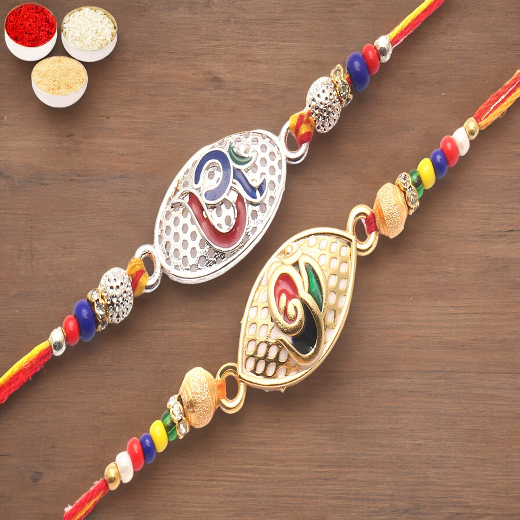 Rakhis Online USA-Set of 2 -The Reflection of Om Embedded with Love and The Divine Colourful Blessings of Om rakhi