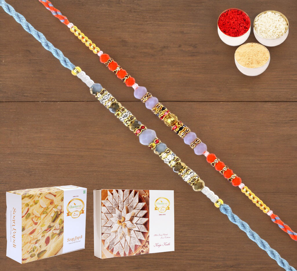  Set of 2-6373, 6497 Fancy Thread Rakhi  with 200 gms of Kaju katli and 200 gms of Soan Papdi