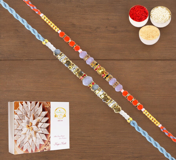  Set of 2-6373, 6497 Fancy Thread Rakhi  with 400 gms of Kaju katli