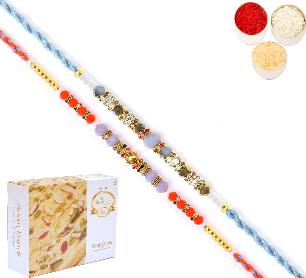  Rakhis Online USA-Set of 2-6373, 6497 Fancy Thread Rakhi  with 200 gms of Soan Papdi