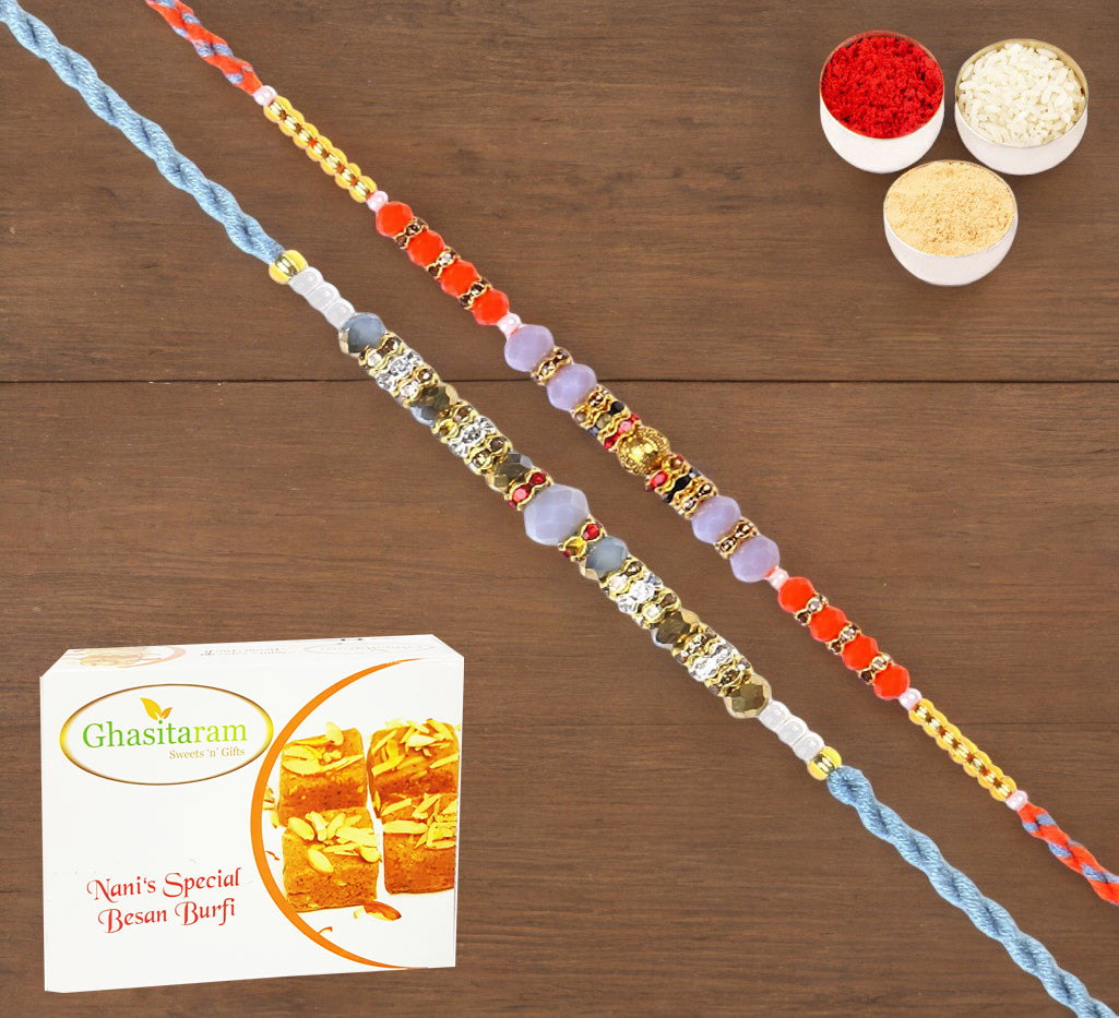 Rakhis Online USA-Set of 2-6373, 6497 Fancy Thread Rakhi  with 200 gms of Besan Barfi