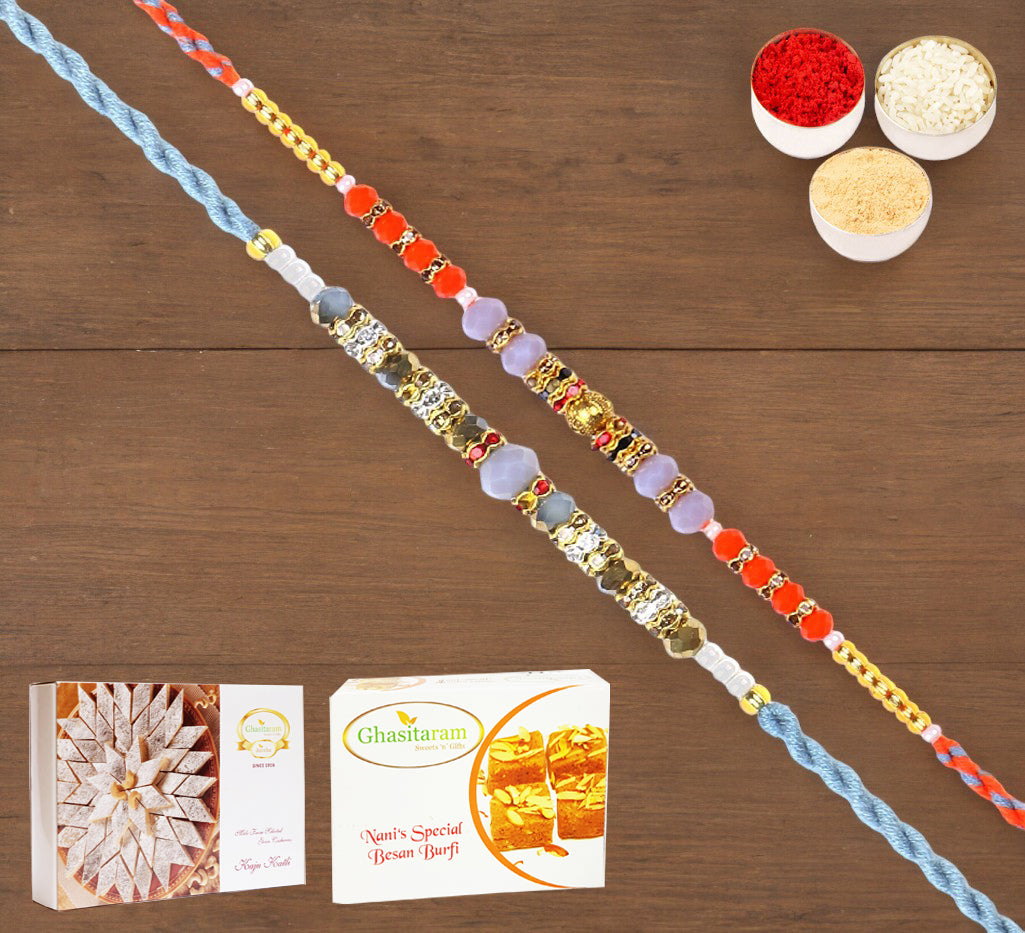  Set of 2-6373, 6497 Fancy Thread Rakhi  with 200 gms of Besan Barfi and 200 gms of Kaju Katli