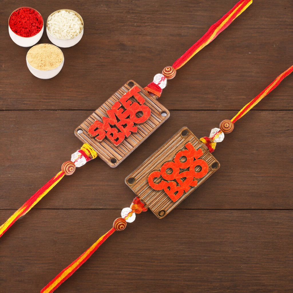 Rakhis Online Australia-Set of 2-BW-5710 Wooden Sweet and BW-5711 Wooden Cool Bro kids Rakhi