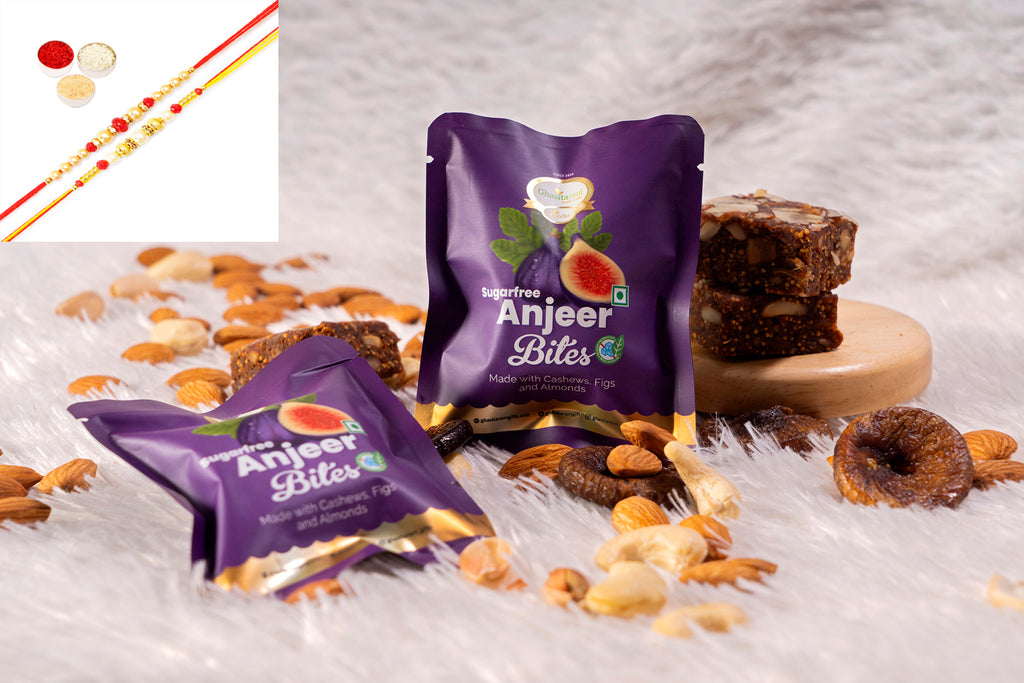 Rakhi Gifts-Sugarfree Anjeer Bites Pouches Pack of 10 with 2 Rakhis