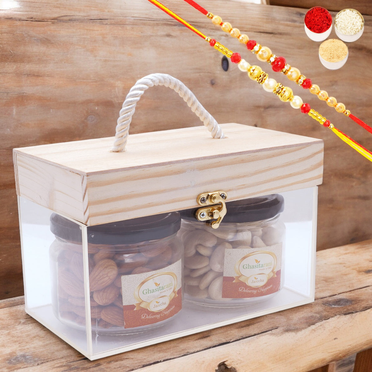 Wooden Acrylic Box of 2 big Jars of Cashews and Almonds with 2 Rakhis