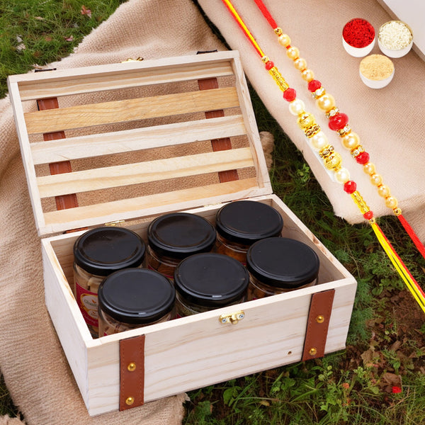 Wooden leather belt box of 6 jars of Dryfruits with 2 Rakhis