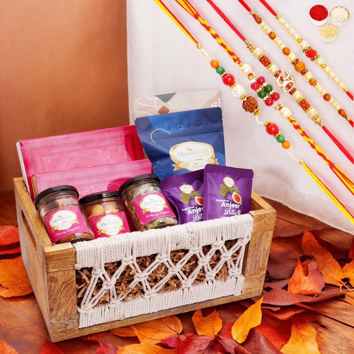 Wooden Jute Rectangle Basket of 12 Goodies with 5 Rakhis